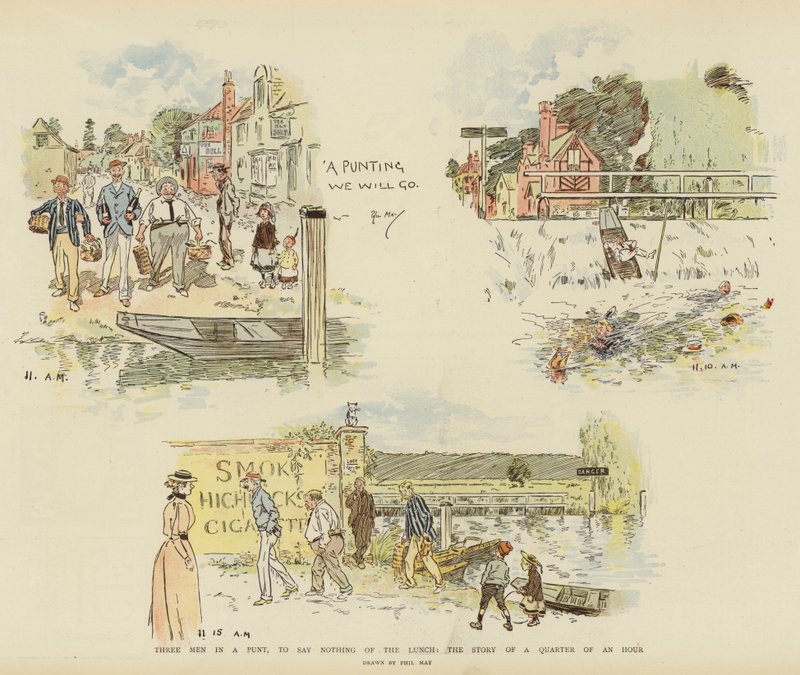Three Men in a Punt, to say Nothing of the lunch, the story of a quarter of an hour (chromolitho) af Phil May
