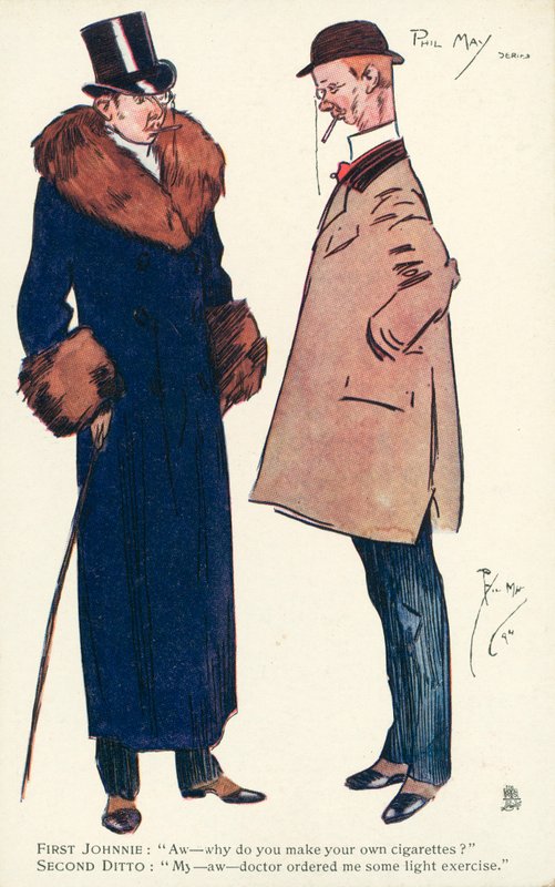 To herrer i samtale om cigaretter og motion (farve litho) af Phil May