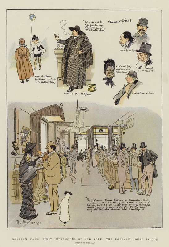 Western Ways, første indtryk af New York, Hoffman House Saloon (chromolitho) af Phil May