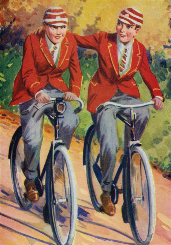 Drenge i skoleuniform, cyklende (farve litho) af Philibert Louis Debucourt