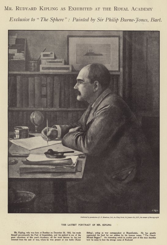 Portræt af Rudyard Kipling udstillet på Royal Academy (litho) af Philip (after) Burne Jones