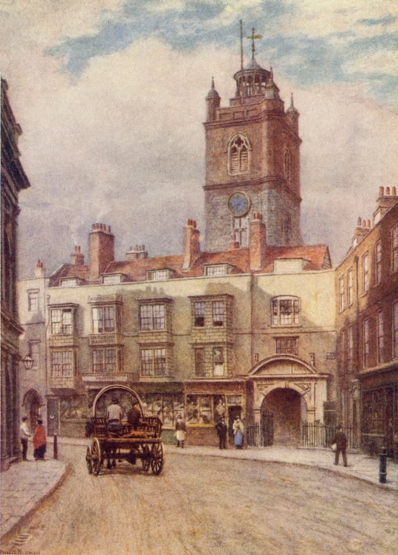 Tower of Church of St Giles, Cripplegate og Old Houses i Fore Street, 1884 af Philip Norman