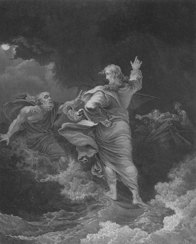 Kristus går på havet, St. Matthæus 14, vers 22-34 (gravering) af Philippe de (after) Loutherbourg