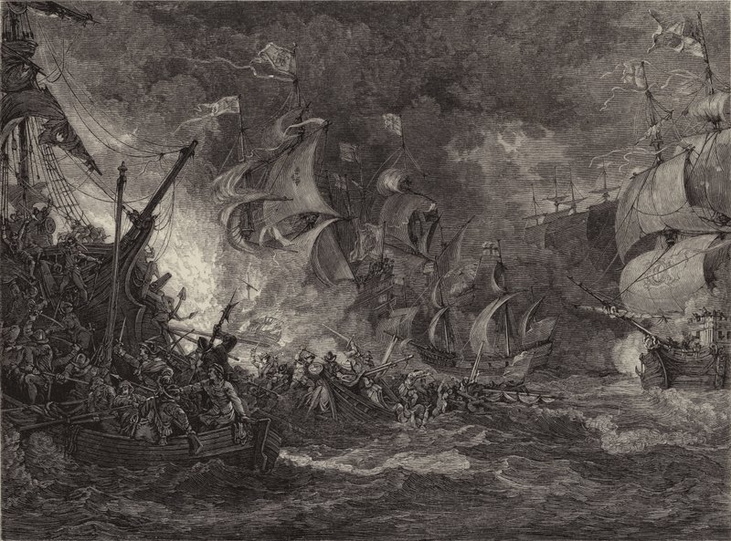Den spanske armadas nederlag (gravering) af Philippe de (after) Loutherbourg