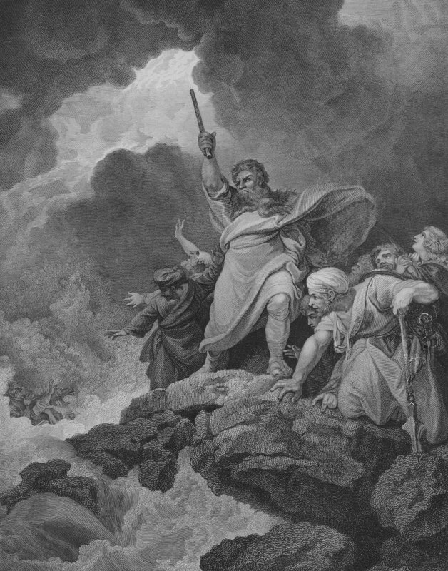 Ødelæggelsen af Faraas hær, 2. Mosebog 14, vers 19-31 (gravering) af Philippe de (after) Loutherbourg
