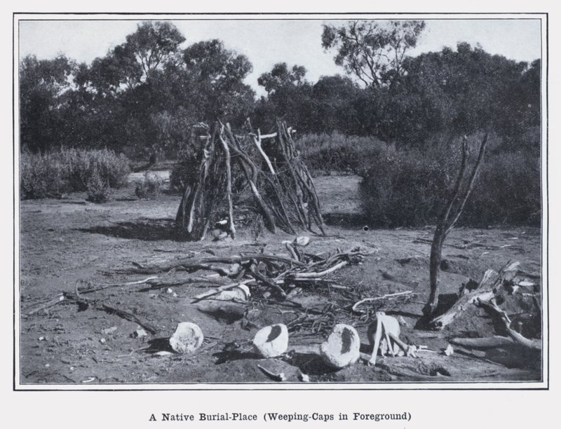 Et indfødt begravelsessted, grådende hætter i forgrunden (s/h-billede) af Photographer Australian