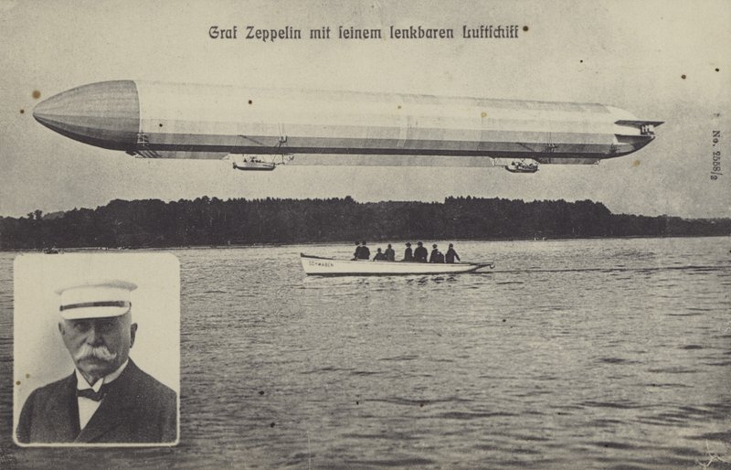 Graf Ferdinand von Zeppelin og et af hans hans luftskibe (s/h foto) af Photographer German