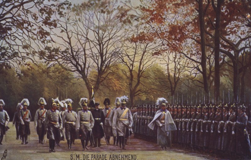 Kaiser Wilhelm II inspicerer tyske soldater på parade (farvet foto) af Photographer German
