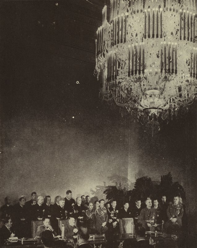 Underskrivelse af trepartspagten, der danner Japans, Nazitysklands og det fascistiske Italiens akse i Rigskancelliet, Berlin, Anden Verdenskrig, 27. september 1940 (s/h-foto) af Photographer German