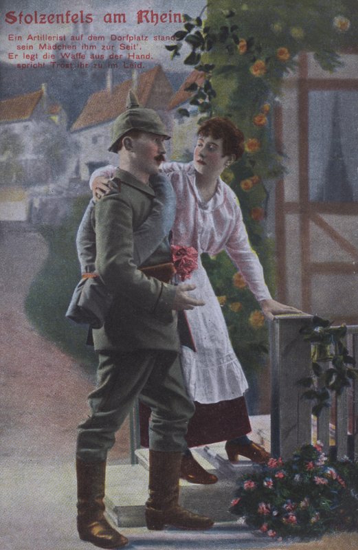Stolzenfels Slot ved Rhinen, postkort med tysk patriotisk militærtema (farvet foto) af Photographer German