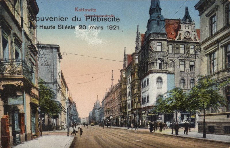 Gade i Katowice, Polen, souvenirpostkort til minde om folkeafstemningen i Øvre Schlesien afholdt den 20. marts 1921 for at bestemme en del af grænsen mellem Polen og Tyskland (foto) af Photographer German