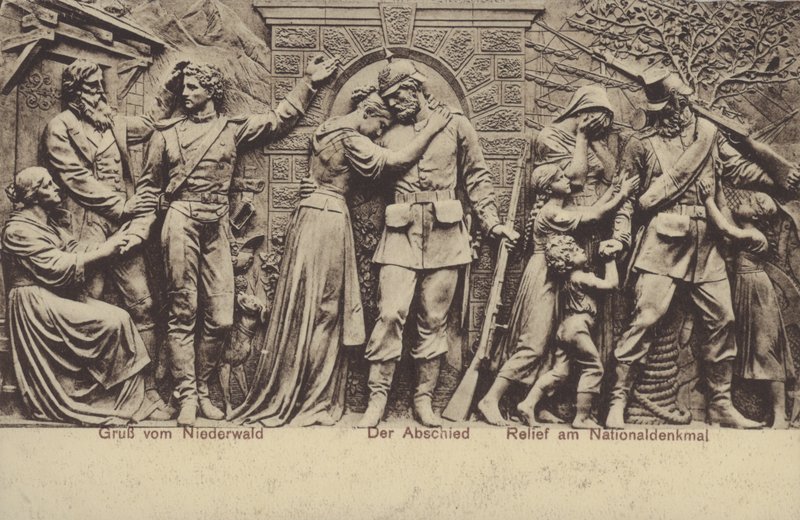 Afskeden, relief på Nationaldenkmal, monument til minde om Tysklands forening, Rudesheim am Rhein, Hessen (s/h foto) af Photographer German