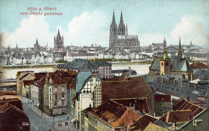 Udsigt over Köln over Rhinen fra Deutz, Tyskland (farvefoto) af Photographer German
