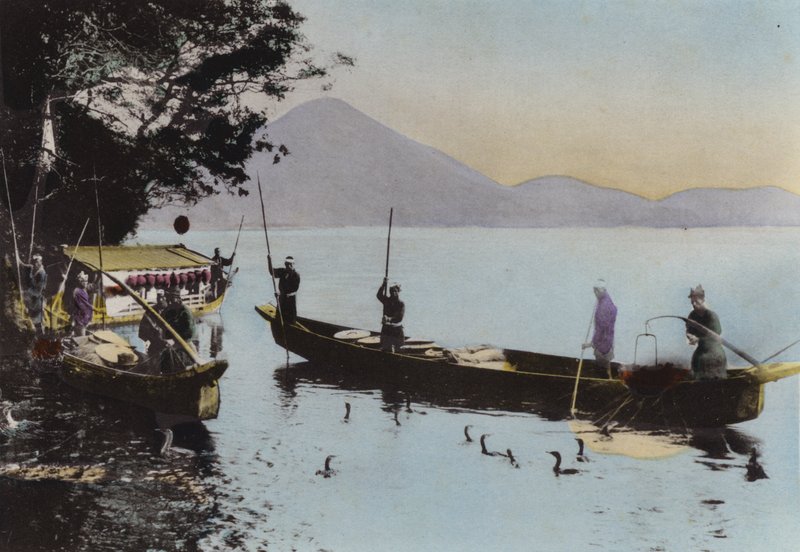 Japan, ca. 1912: Fiskeri med en skarv, Nagaragawa (foto) af Photographer Japanese