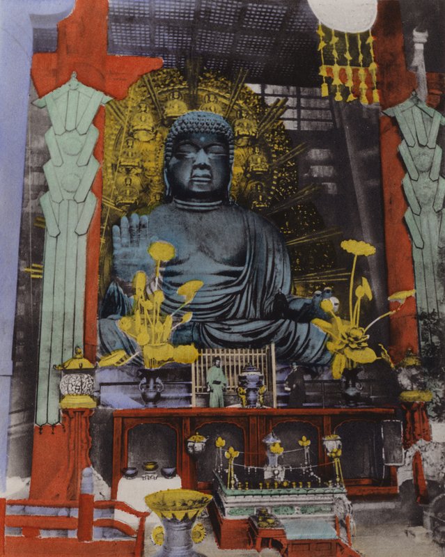 Japan, ca. 1912: Den største Daibutsu i Japan stammer fra 749 og højden er 53 1/2 fod og ansigtet er 16 fod langt ved Nara (foto) af Photographer Japanese