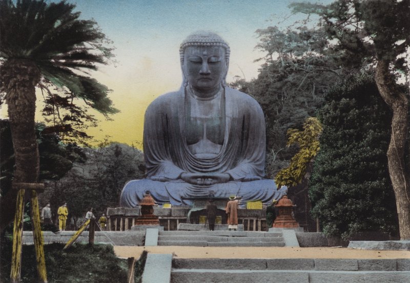 Japan, ca. 1912: Den fineste Daibutsu eller Store Buddha ved Kamakura stammer fra 1252 Højde 49 fod og 7 tommer, med tog 50 minutter fra Yokohama (foto) af Photographer Japanese
