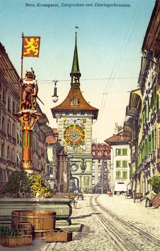 Zytglogge-klokketårnet og Zahringerbrunnen-fontænen, Kramgasse, Bern Schweiz (farvefoto) af Photographer Swiss