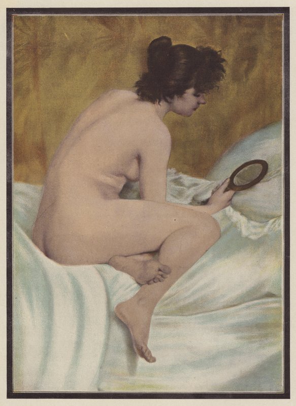 Den opvågnede kvinde med et spejl (farve litho) af Pierre Carrier Belleuse