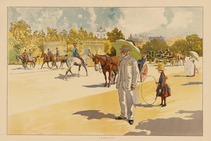 Ved porten til Bois de Boulogne, Paris (farvelitografi) af Pierre Georges Jeanniot