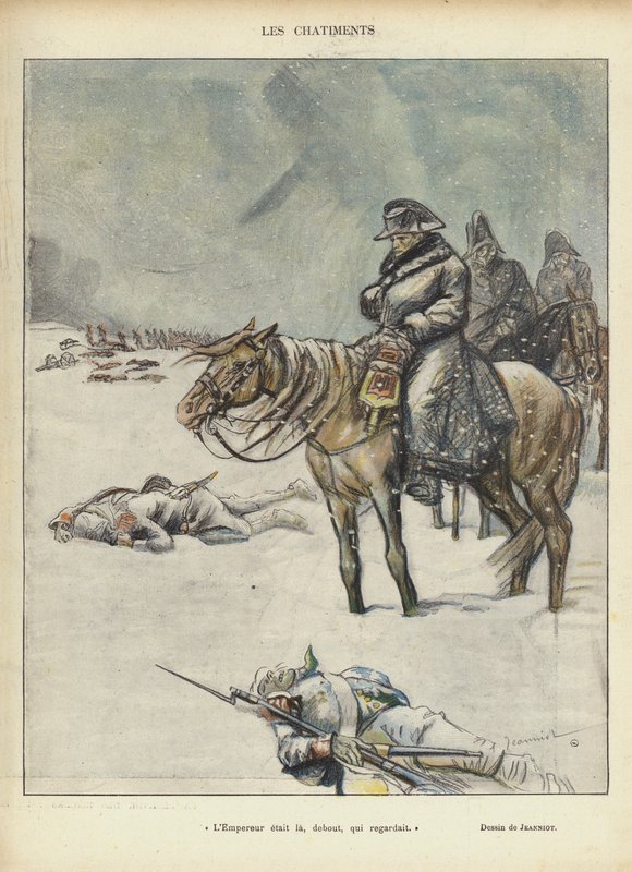 Napoleon på tilbagetoget fra Moskva, Illustration for Le Rire af Pierre Georges Jeanniot