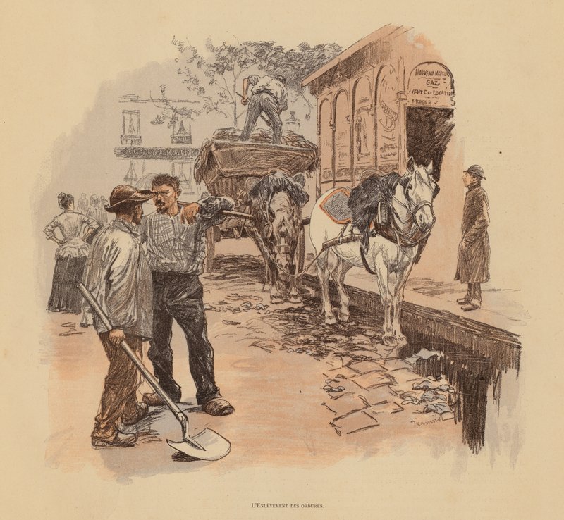 Parisiske gaderengøringsfolk (farvelitografi) af Pierre Georges Jeanniot