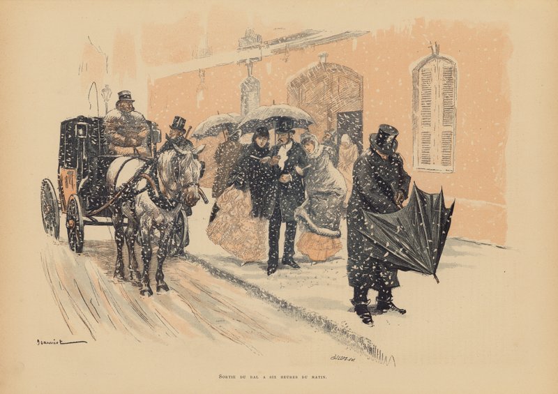 Parisere forlader et bal klokken seks om morgenen (farvelitografi) af Pierre Georges Jeanniot