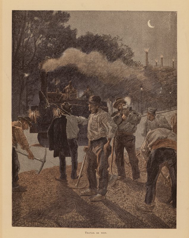 Vejarbejde i Paris om natten (farvelitografi) af Pierre Georges Jeanniot