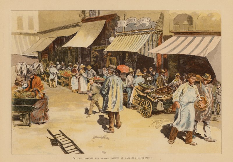 Marchandes de quatre saisons på Rue du Faubourg Saint-Denis, Paris (farvelitografi) af Pierre Georges Jeanniot