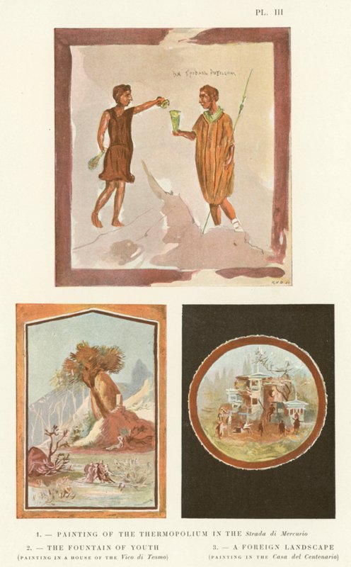 Maleri af termopoliet i Strada di Mercurio, Ungdommens springvand, et fremmed landskab (farve litho) af Pierre Gusman