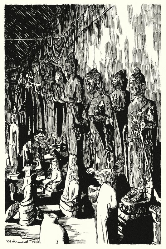 En forsamling af buddhaer i en passage (gravering) af Pierre Jeannerat de Beerski
