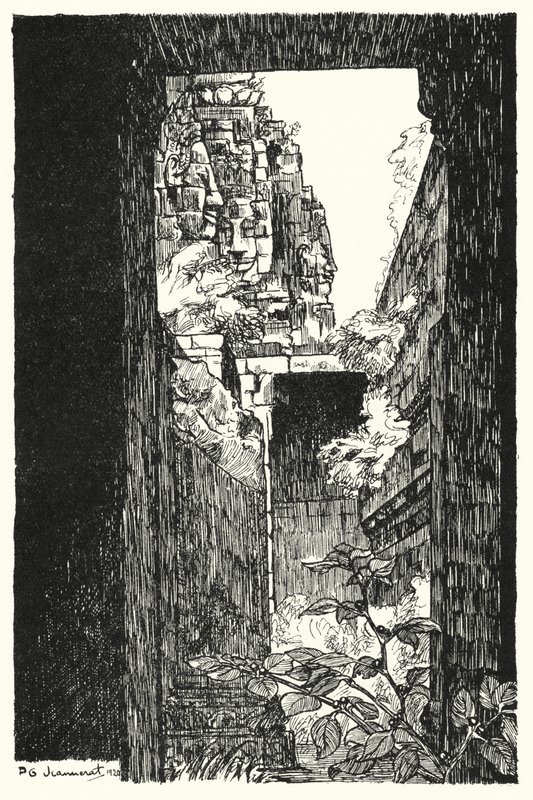 I Bayon, glimt gennem et faldet tag (gravering) af Pierre Jeannerat de Beerski
