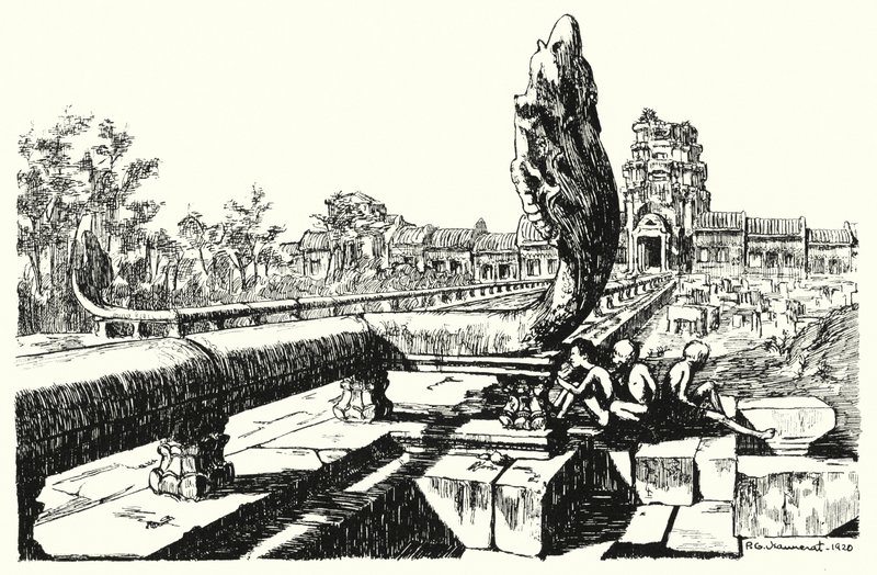I parken ved Angkor Vat, de vestlige Gopuras (gravering) af Pierre Jeannerat de Beerski