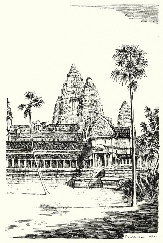 Tårnene i Angkor Vat (gravering) af Pierre Jeannerat de Beerski