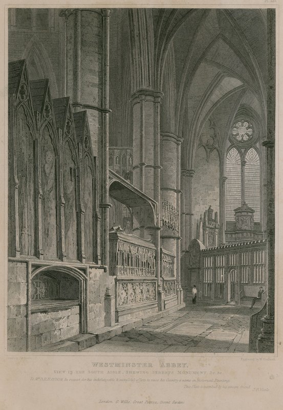 Udsigt over det sydlige kirkeskib med Sebert-monumentet, Westminster Abbey af Pieter Jansz. Quast