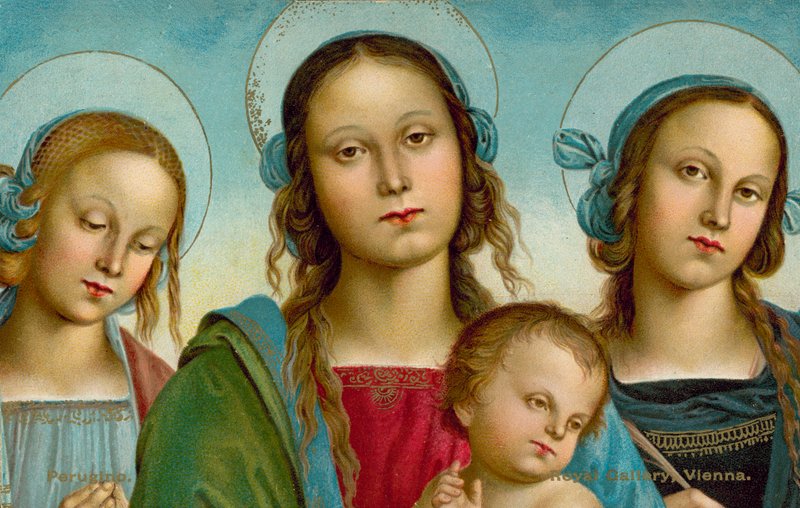 Jomfru og barn mellem de hellige Rosa og Katarina (chromolitho) af Pietro (after) Perugino