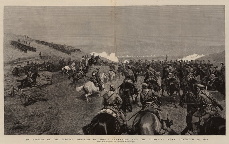 The Passage of the Servian Frontier af Prins Alexander og den bulgarske hær, 24. november 1885 (gravering) af Polish School