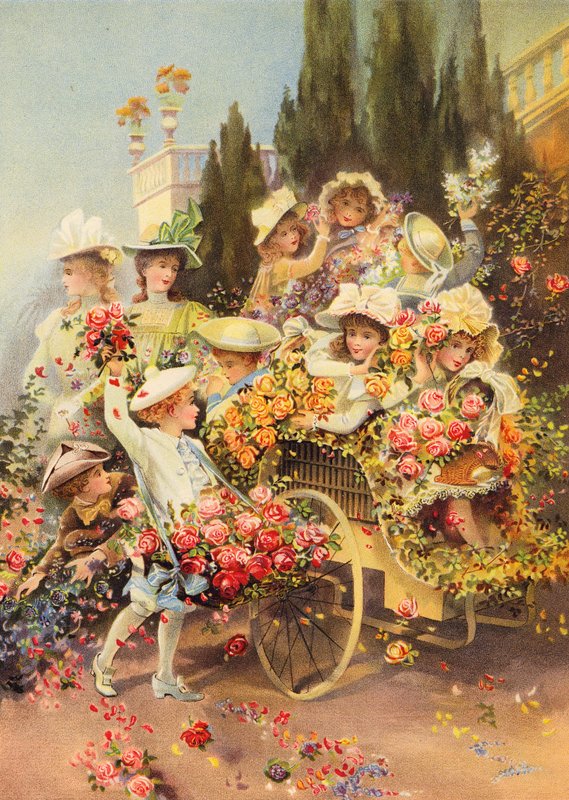 Slaget om blomsterne (chromolitho) af Polly Clarke