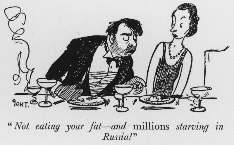 "Ikke spise dit fedt, og millioner sulter i Rusland!" (litho) af Pont
