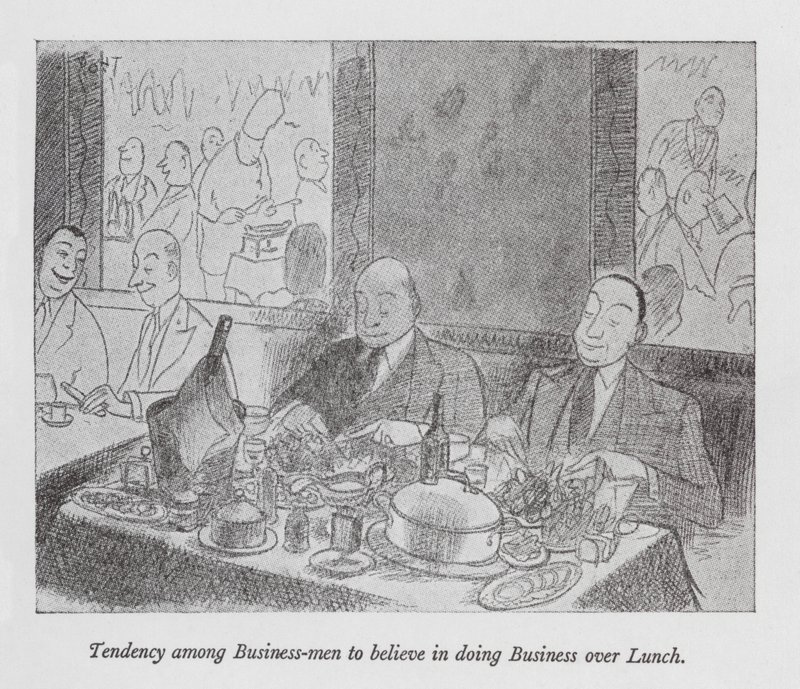 Tendens blandt forretningsfolk til at tro på at gøre forretninger over frokost (litho) af Pont (1908 40)
