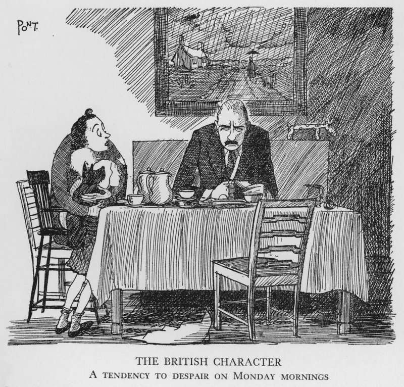 Den britiske karakter, en tendens til at fortvivle mandag morgen (litho) af Pont