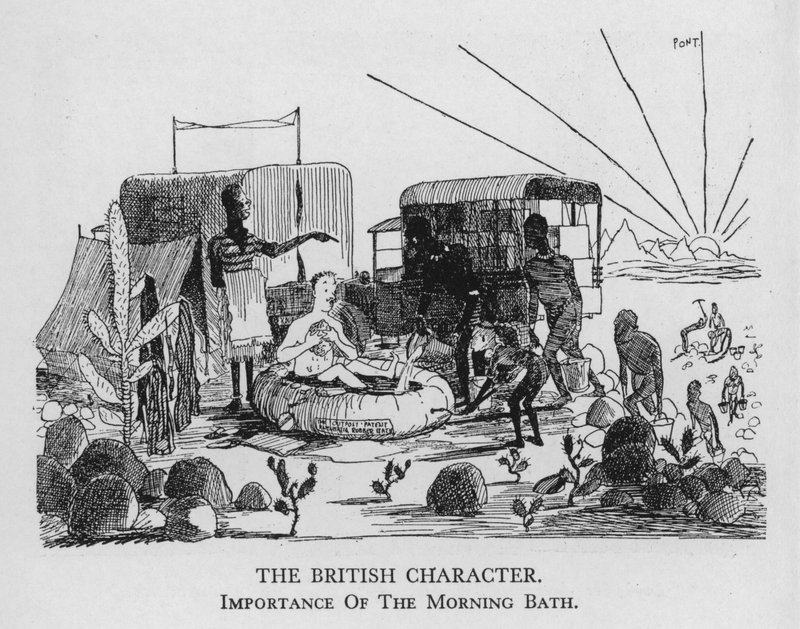 Den britiske karakter; Vigtigheden af morgenbadet (litho) af Pont
