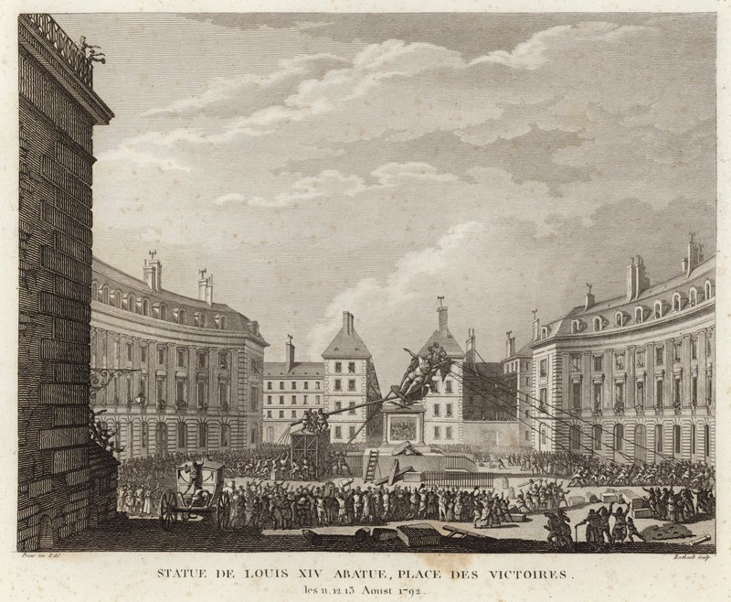 Statue af Louis XIV nedtaget på Place des Victoires af Prieur