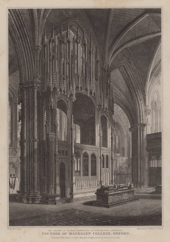 Helligdommen for biskop Waynflete, grundlægger af Magdalen College, Oxford, i Winchester Cathedral (gravering) af R. (after) Essex