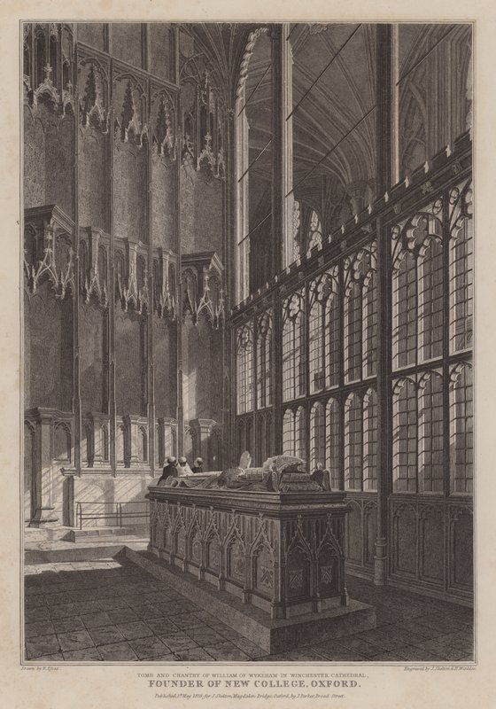Grav og sang af William af Wykeham, grundlægger af New College, Oxford, i Winchester Cathedral (gravering) af R. (after) Essex