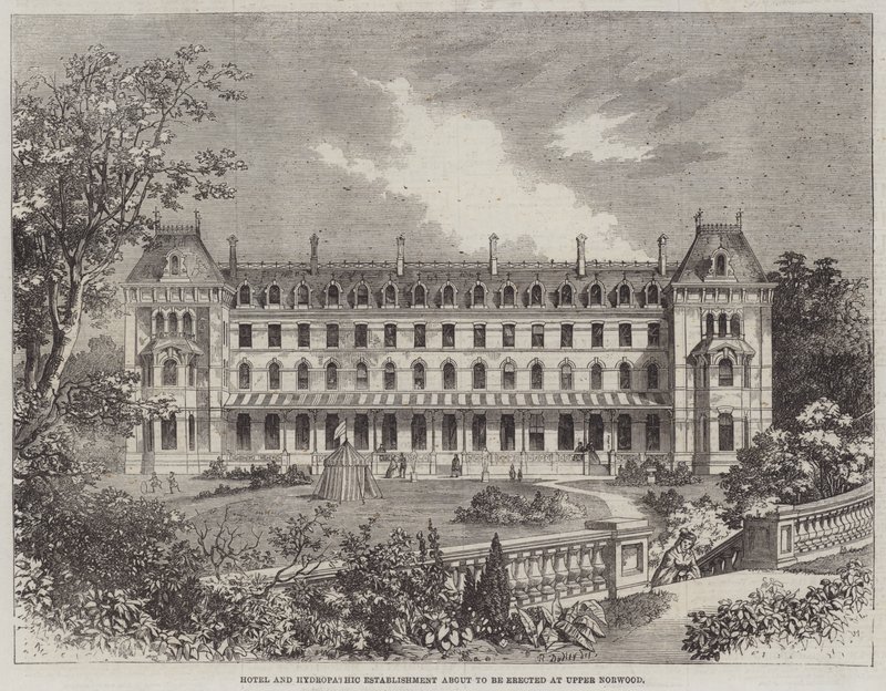 Hotel og hydropatisk etablissement ved at blive opført i Upper Norwood af R. Dudley
