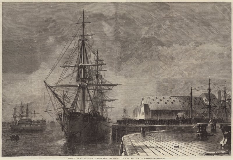 Fjernelse af hr. Peabodys rester fra jernbanen til HMS Monarch i Portsmouth af R. Dudley