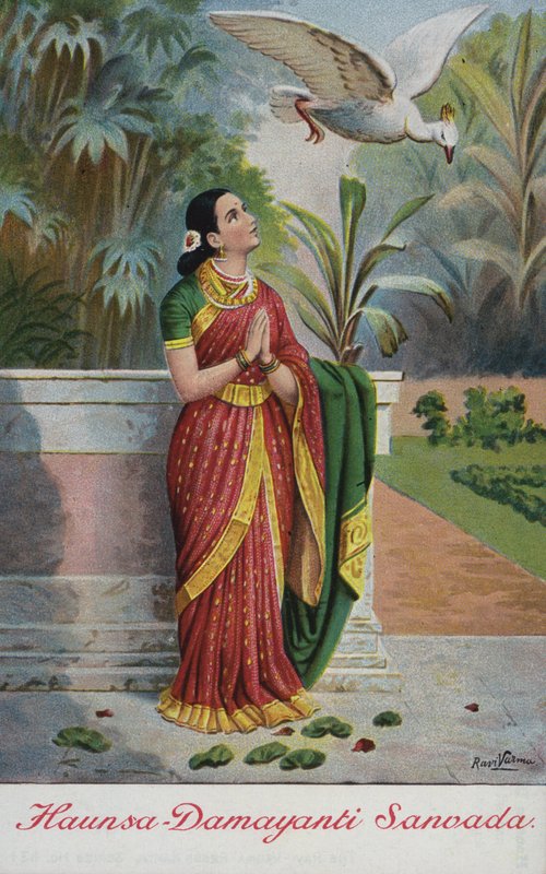 Fuglen Haunsa lovpriser kong Nalas dyder til Damayanti i hendes have af Raja Ravi Varma