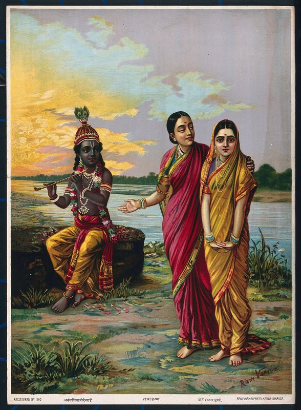 Krishna erklærer sin kærlighed til Radha via en fortrolig, efter 1900 (farve litho) af Raja Ravi Varma
