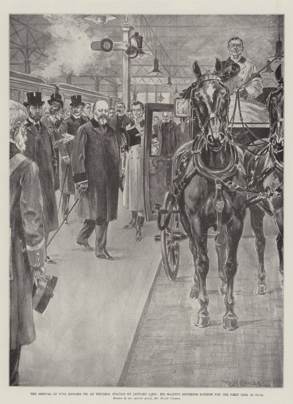 Ankomsten af kong Edward VII på Victoria Station den 23. januar, hvor Hans Majestæt indtog London for første gang som konge af Ralph Cleaver