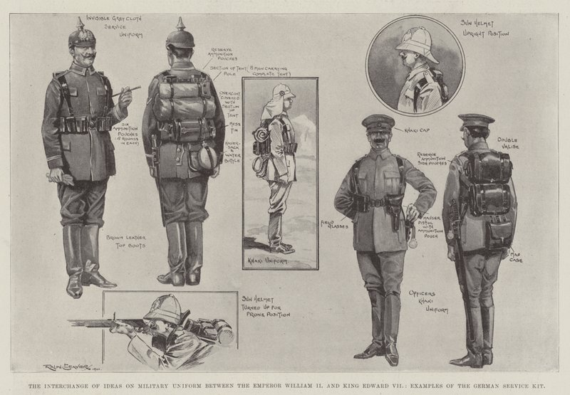 Udvekslingen af ideer om militæruniform mellem kejser Vilhelm II og kong Edward VII, eksempler på det tyske tjenestesæt af Ralph Cleaver